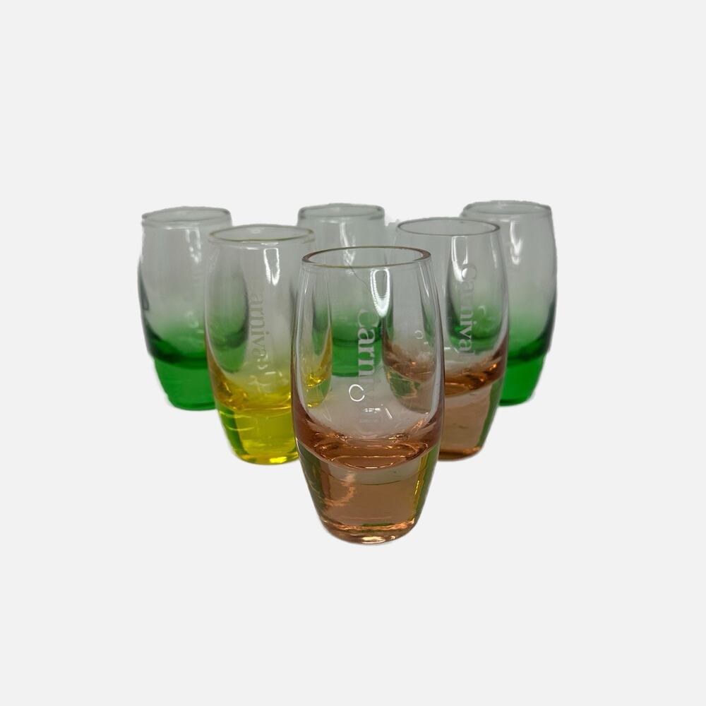 6 Carnival Cruise Multicolor 3.5” Shot Glasses - Yellow Green Peach/Amber